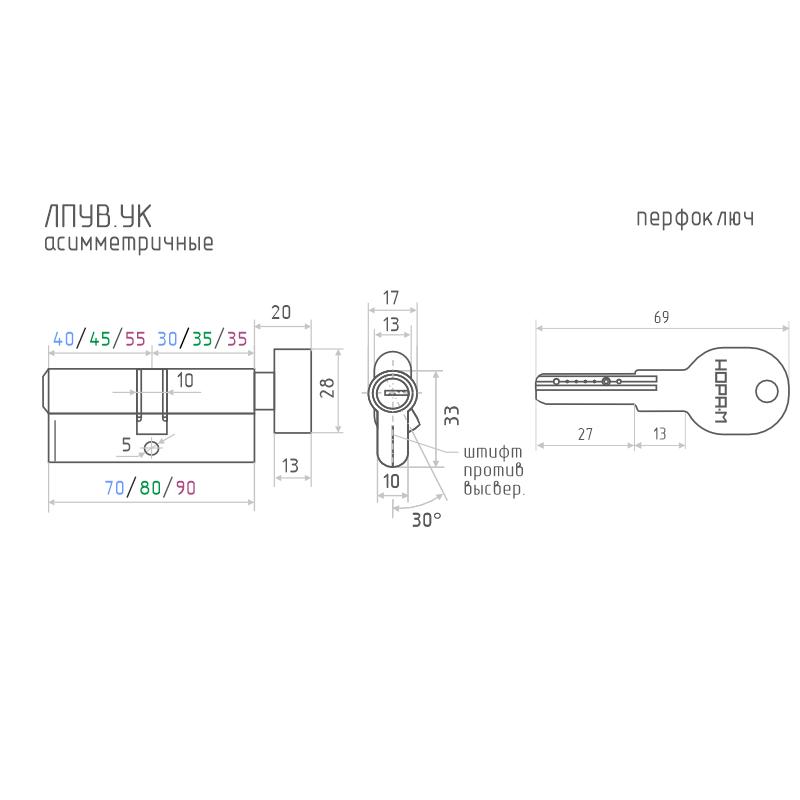 Схема Цилиндр ЛПУВ.УК асимметричный цвет Золото Нора-М