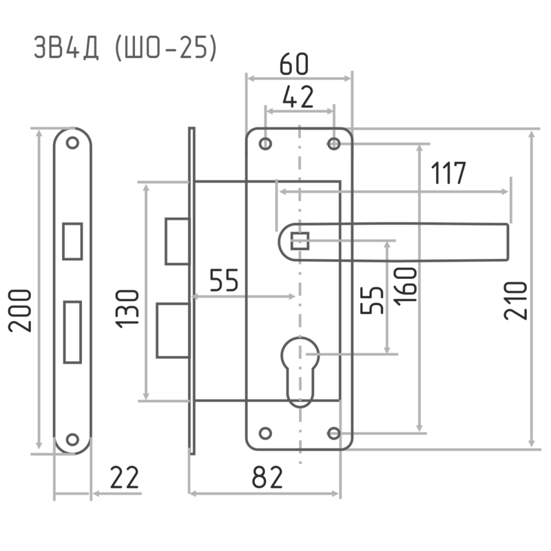 Схема Замок врезной ЗВ4Д (ШО-25) цвет Хром Нора-М
